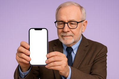 Elderly Professor Holding a Phone with a Blank Screen
