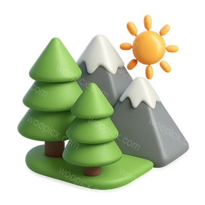 Isometric 3D Nature Icon with Trees and Mountains