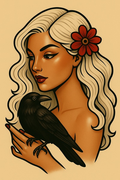 Stylized Tattoo Art of a Woman with a Crow