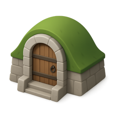 Stylized 3D Icon of a Cottage with Green Roof