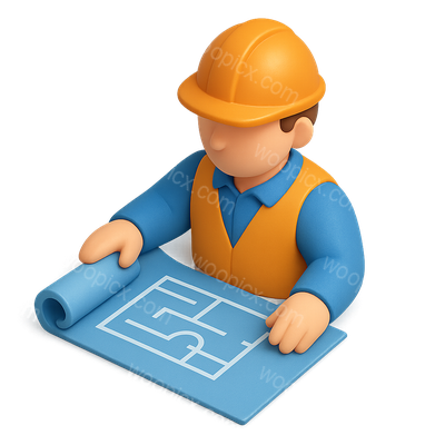 3D Worker Examining Blueprints in Isometric Style