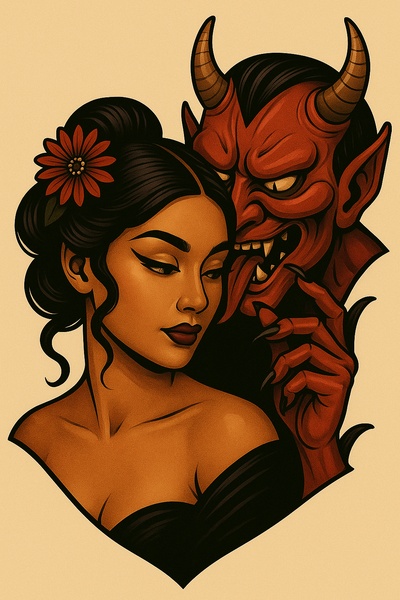 Girl and Demon: A Glossy Tattoo Style Illustration