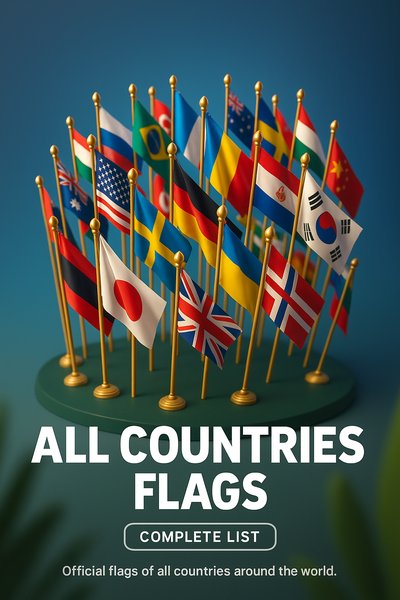 3D Illustration of All Countries Flags with Text Elements