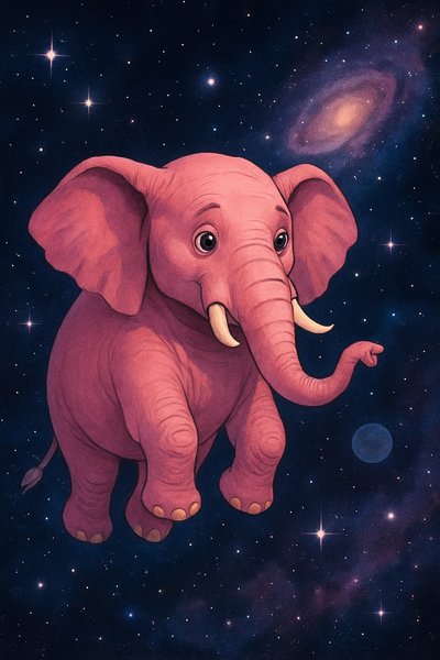 Whimsical Pink Elephant in Space Illustration