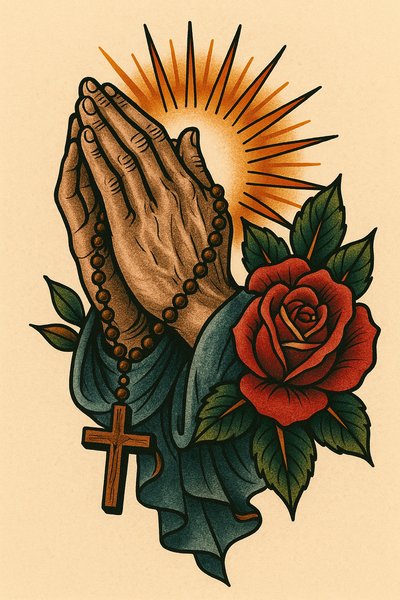 Praying Hands with Rose and Cross Illustration