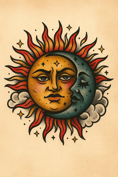 Sun and Moon Tattoo Design with Colorful Elements