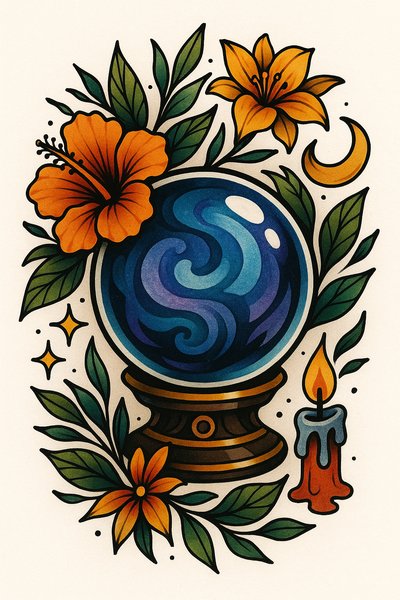 Colorful Illustration of a Crystal Ball Surrounded by Floral Elements
