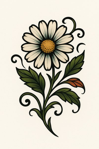 Stylized Floral Illustration of a Daisy with Intricate Details