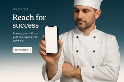 Chef Holding a Blue Phone in Culinary Pose