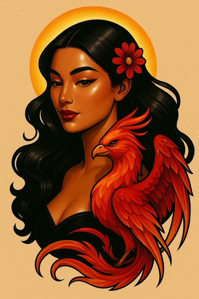 Elegant Portrait of a Girl with a Phoenix and Halo