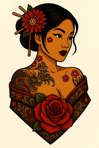 Glossy Tattoo Art featuring a Woman with Floral Elements