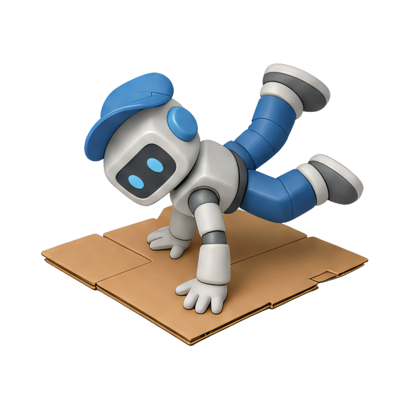 robot breakdancing on cardboard