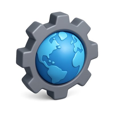 3D Globe Encased in Gear Icon