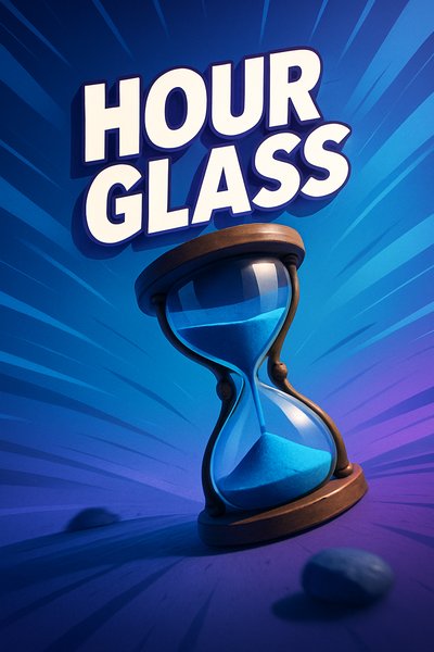 Stylized illustration of an hourglass with bold text