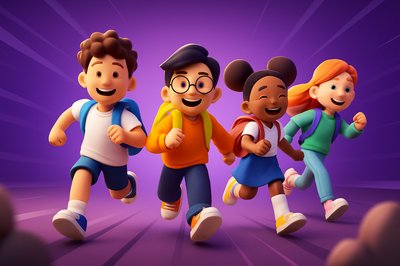 Dynamic Illustration of Students Walking to School Together