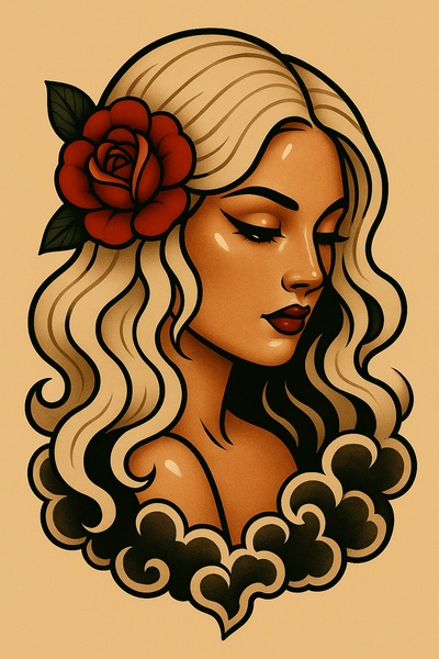 Elegant Tattoo Style Portrait of a Girl with Rose