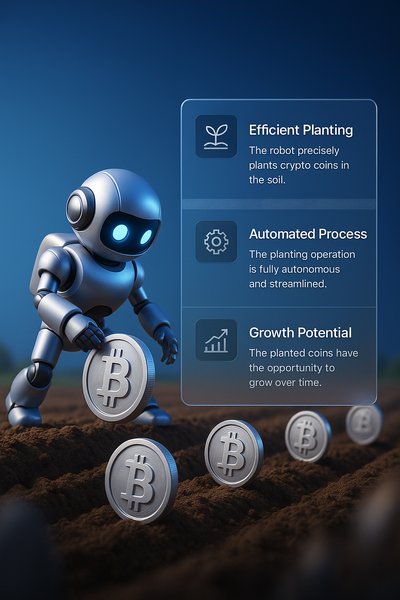 Robot Planting Crypto Coins in a Field
