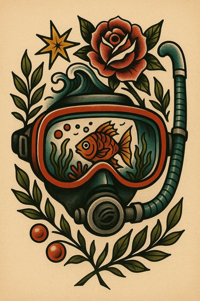 Colorful Vintage Dive Mask Illustration with Fish and Floral Elements