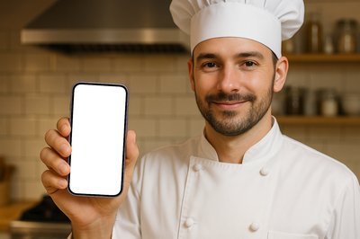 Chef Holding a Phone in Modern Kitchen Setting