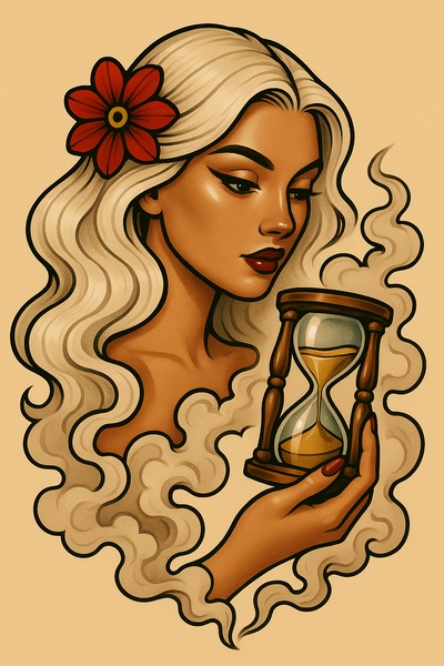 Elegant Woman with Hourglass Surrounded by Smoke
