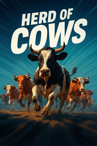 Dynamic Herd of Cows in Motion with Bold Typography