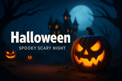 Spooky Halloween Landscape with Pumpkins and Haunted House