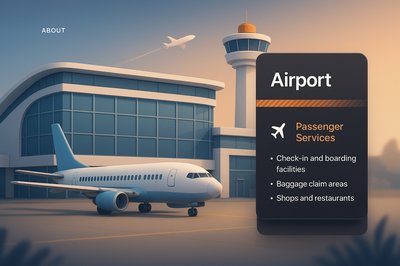 3D Airport Illustration with Passenger Services Overview