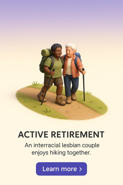 Active Retirement: Interracial Lesbian Couple Hiking Outdoors
