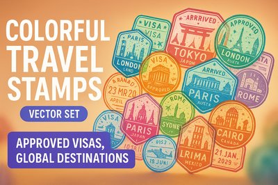 Vector Set of Colorful Travel Stamps Featuring Global Destinations