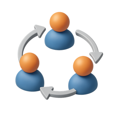 3D Connected Trio in Isometric View with Circular Arrows