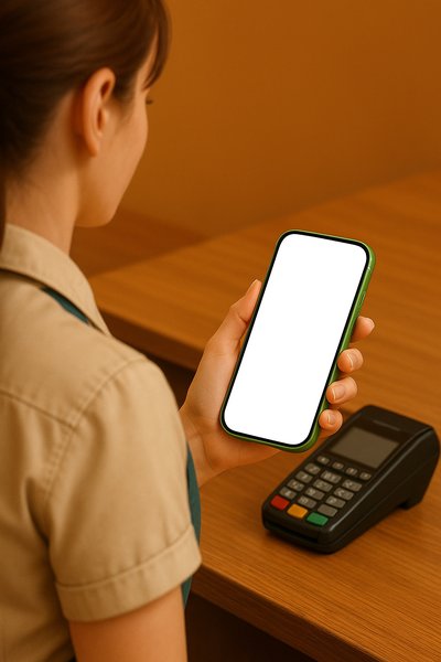 Cashier Holding Green Payment Phone at Counter