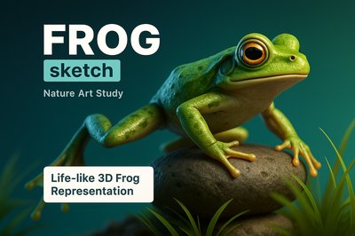 Realistic 3D Frog Illustration with Text Elements