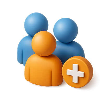 Stylized 3D Icon of Three People and a Cross Symbol