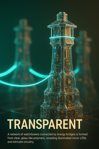 Hyperrealistic Network of Glass Watchtowers with Neon Accents