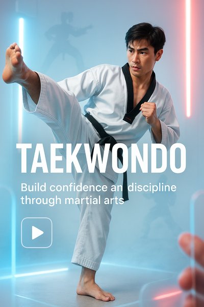 Dynamic Taekwondo Action Shot Promoting Martial Arts