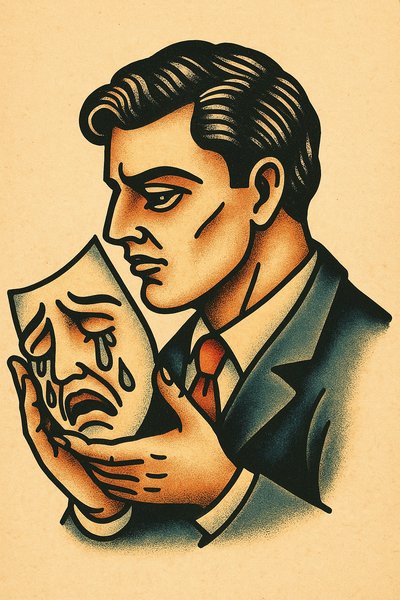 Man Holding Crying Mask Tattoo Art
