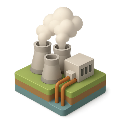 Stylized 3D Geothermal Plant Icon with Steam Emission
