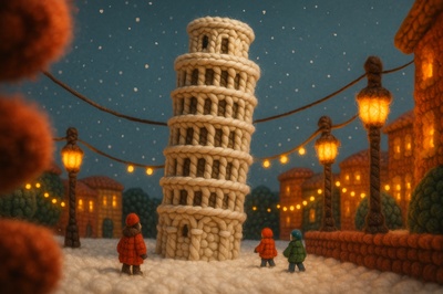 Whimsical Yarn Version of the Leaning Tower of Pisa