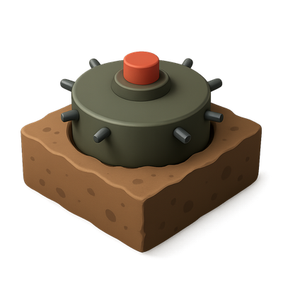 3D Icon of a Mine with a Brown Base and Red Button