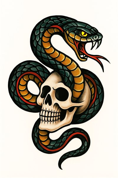 Vivid Snake and Skull Tattoo Design Artwork