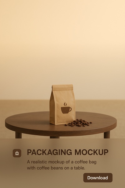 Realistic Coffee Bag Packaging Mockup on Table with Beans