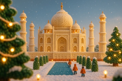 Taj Mahal Crafted from Yarn in a Festive Scene