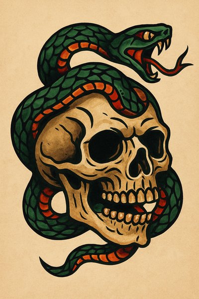 Illustration of a Skull Entwined with a Snake in Bold Colors
