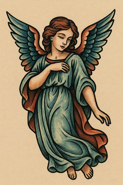 Illustration of a Serene Angel with Wings and Flowing Garment