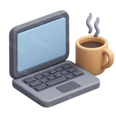 Stylized 3D Laptop with Coffee Cup Illustration