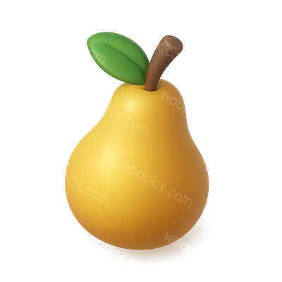 Stylized 3D Pear Icon with Green Leaf and Brown Stem