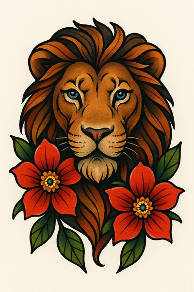 Vibrant Lion Illustration with Floral Elements