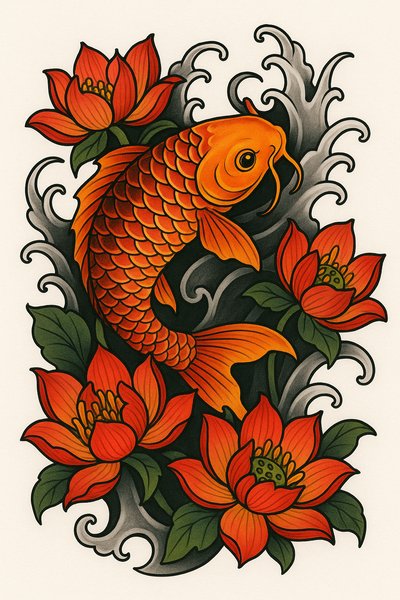 Vibrant Koi Fish Illustration Surrounded by Lotus Flowers