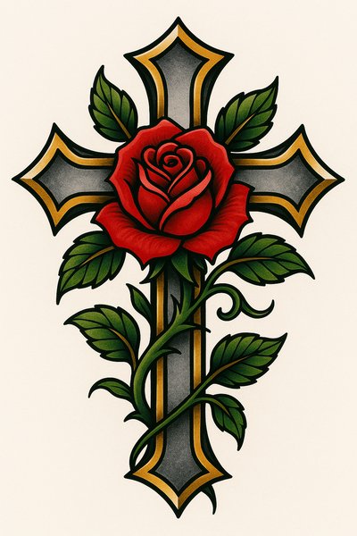 Tattoo Design Featuring Cross and Rose
