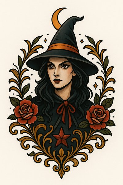 Illustrative Witch Portrait with Floral Elements